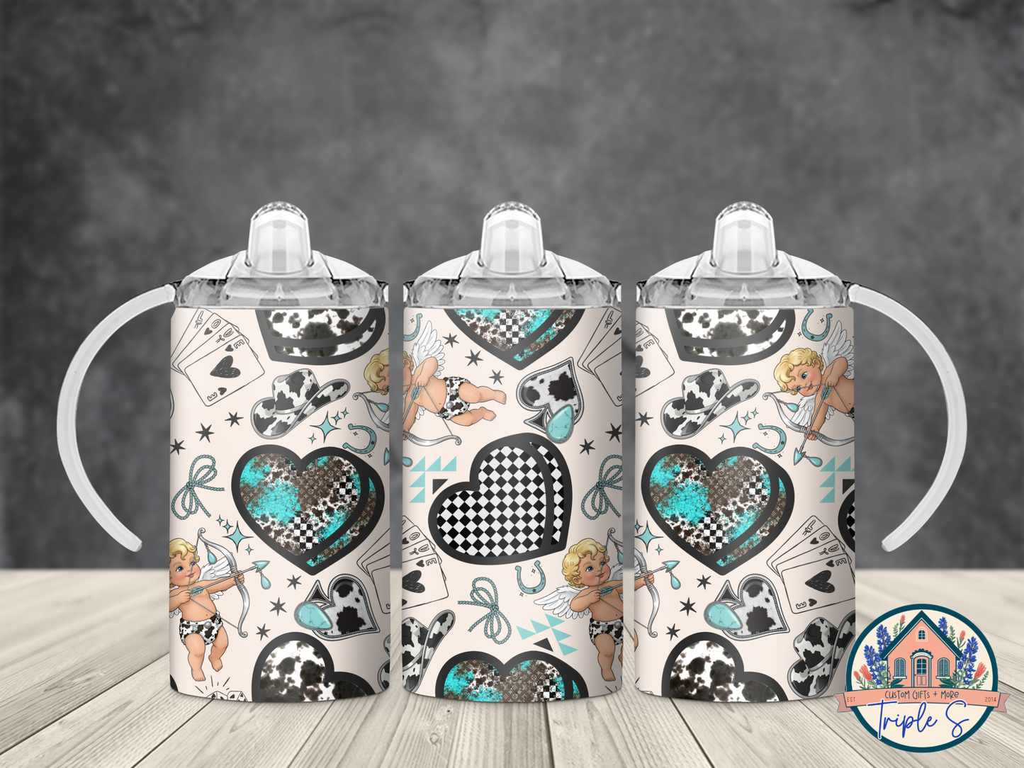 Valentine’s Day Checkered & Turquoise Hearts Sippy Cup