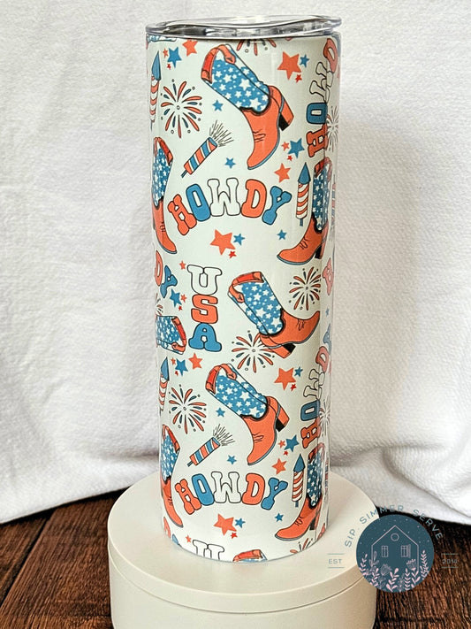 Patriotic Howdy USA Tumbler – 20oz Personalized Cowboy Boots Design