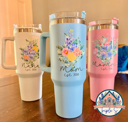 Personalized 40oz Tumbler for Moms & Grandmas – Custom Birth Flower Design with Name, Title & Established Year – Mother’s Day Gift Idea