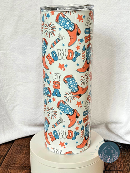 Patriotic Howdy USA Tumbler – 20oz Personalized Cowboy Boots Design