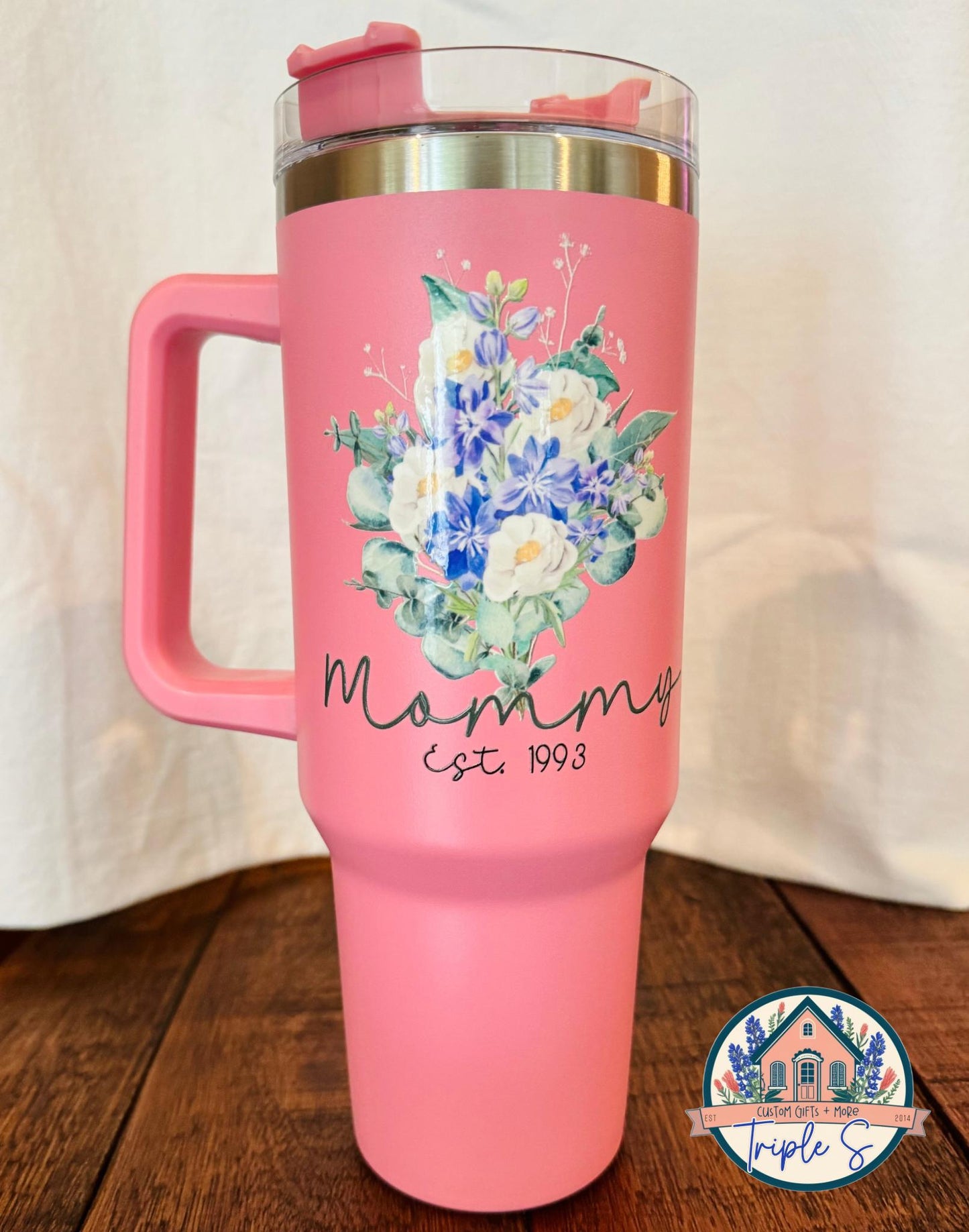 Personalized 40oz Tumbler for Moms & Grandmas – Custom Birth Flower Design with Name, Title & Established Year – Mother’s Day Gift Idea